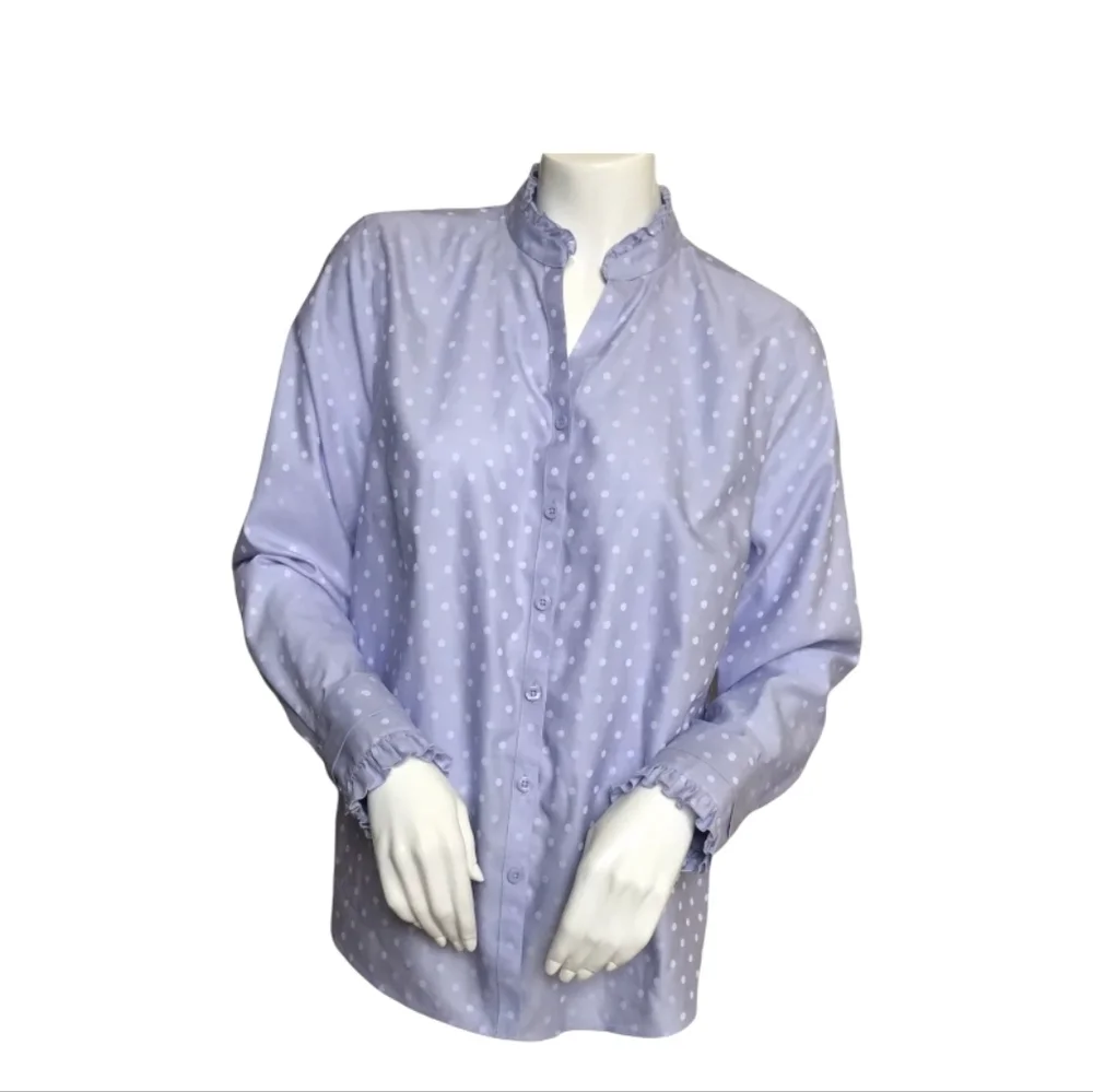 CHICO’S Shirt Lavender Polka Dot Long Sleeve No-iron Cotton Ruffles Sz 2 (10-12)